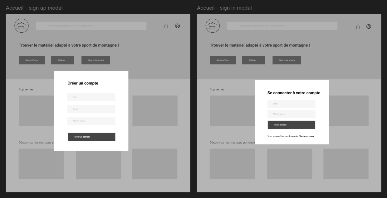 Wireframe du modal connexion